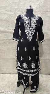 Embroidered Rayon Kurti with Palazzos, chikankari work on three-quarter sleeves, Indian ethnic wear in M, L, XL, XXL, XXXL, 4XL, 5XL, 6XL sizes