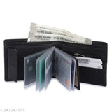 Black artificial leather men's wallet, 12 card slots, smooth texture, slim design, transparent album slots