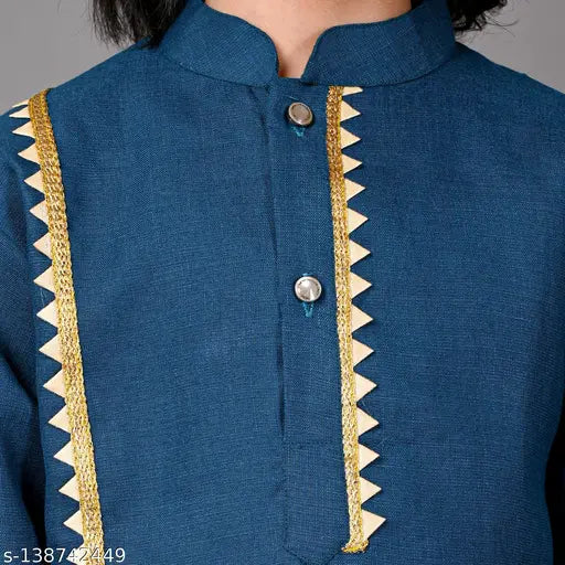 Blue cotton blend kurta and pajama set for boys, self-weave designed, festive wear, kids outfit in various sizes from 2-3 years to 7-8 years