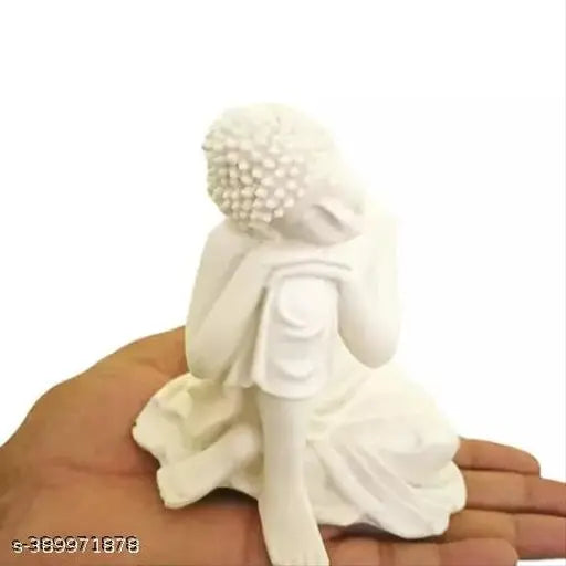 White poly-resin Thinking Buddha meditation statue, intricately handcrafted with Dhyana Mudra position, perfect for living room, office or garden area