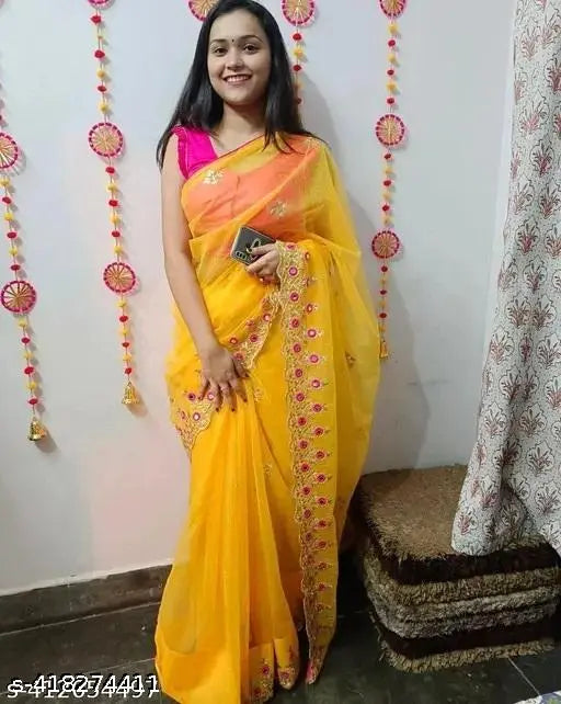 Yellow Pink Silicon Silk Net Zari Embroidery Saree with Separate Bangalore Silk Blouse, free size, country of origin: India