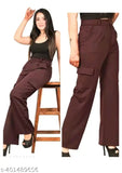 Brown Lycra high-rise cargo trousers for women with four pockets, stretchable and suitable for both casual and formal wear