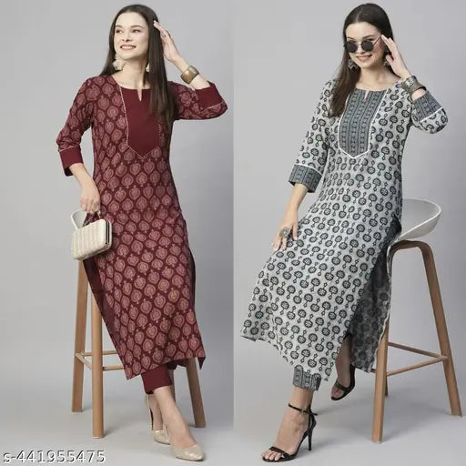 Women's floral printed Georgette kurta set with Georgette pant combo (set of 2), three-quarter sleeve, poly georgette fabric, Indian cotton slub print on display