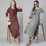 Women's floral printed Georgette kurta set with Georgette pant combo (set of 2), three-quarter sleeve, poly georgette fabric, Indian cotton slub print on display