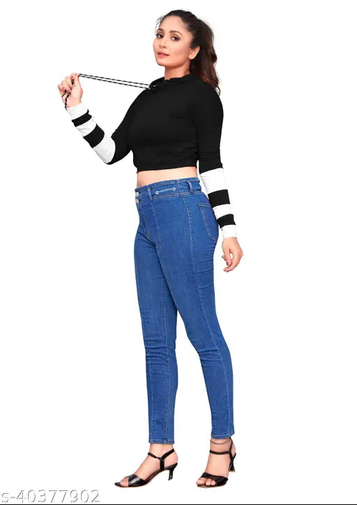 Printed cotton crop top with long sleeves, 95% cotton 5% Lycra, round neck, suitable for sizes S, M, L, and Free Size (Bust 36", Length 18")