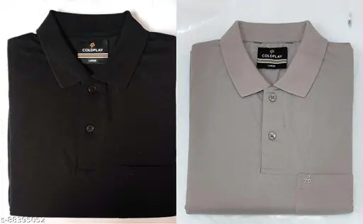 Black medium grey combo half sleeve light weight collar t-shirt with pocket - premium cotton blend, short sleeves, solid design in two sizes: L & XL