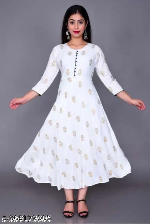 Rayon printed women's anarkali kurti, three-quarter sleeve, vibrant Indian pattern, S to XXXL sizes available