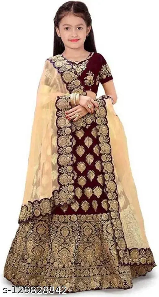 Kids taffeta silk embroidered lehenga choli with net dupatta, short sleeves, 0-15 years sizes, handcrafted Indian traditional attire