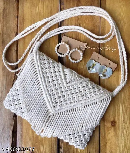 Handmade macrame crossbody sling bag, polyester tote with applique net pattern, free size for women, made in India