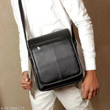 Black synthetic men's sling bag with 4 compartments, ideal for outdoor activities or travels. Adjustable shoulder strap for comfort. Solid design, strong stitching