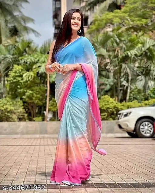 Multicolor 4-padding Georgette saree with digital print, fancy lace border, and matching jacquard running blouse - Bollywood Aaliya Bhatt design