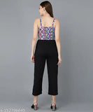 Multicolor printed net rayon sleeveless jumpsuit, solid black accents, Indian-origin fashion piece on mannequin