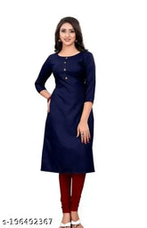 Navy Blue Rayon Boat Neck Kurta with Three-Quarter Sleeves, self-design pattern