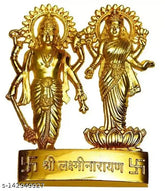 Metal Laxmi Narayan idol from India, gold-plated deity figure on pedestal