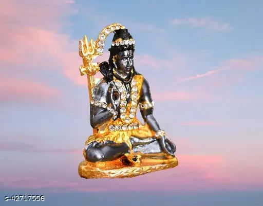 Gold-plated Mahakal Lord Shiva figurine with Om Symbol, stone-detailed decorative showpiece for car or home décor - 7cm (Indian spiritual idol)