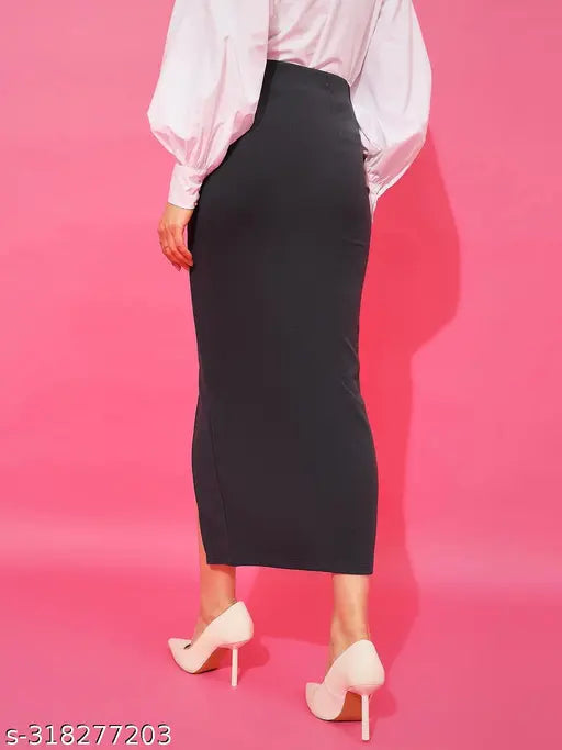 Dark grey formal pencil skirt with high slit, polyester material for women's fashion, full length design in solid net pattern