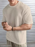 White popcorn round neck T-shirt, short sleeves, solid pattern, size L from India