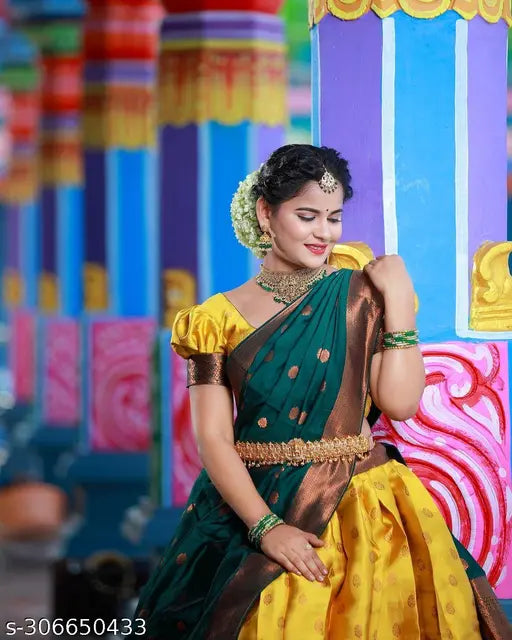 South Indian style art silk unstitched half saree set with zari patterns, includes choli and dupatta, belt provided, ready to ship, India origin