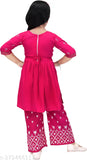 Viscose Rayon embellished A-line Kurta with three-quarter sleeves and palazzo bottoms - Indian traditional yet modern fashion for girls aged 5-12 years