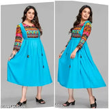 Women's printed rayon A-Line Kurta with floral prints, 45in length, three-quarter sleeves