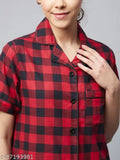 Red cotton checked shirt nightsuit for women, stylish sleepwear with short sleeves and pyjama bottoms