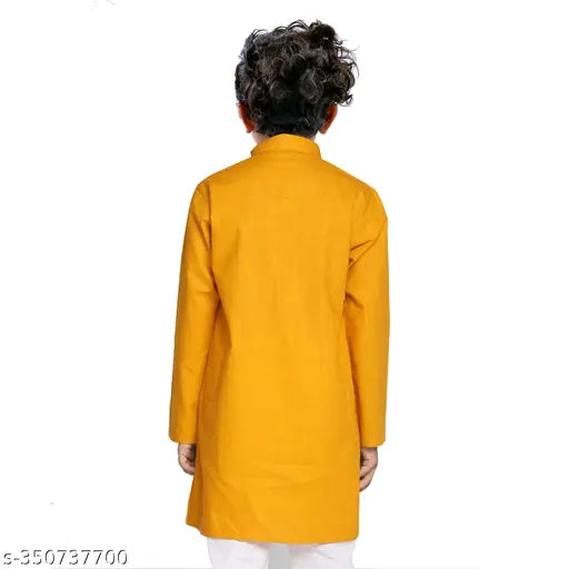 Yellow cotton blend full sleeves plain only kurta for kids, ethnic wear for 7-8 years, solid pattern, India origin