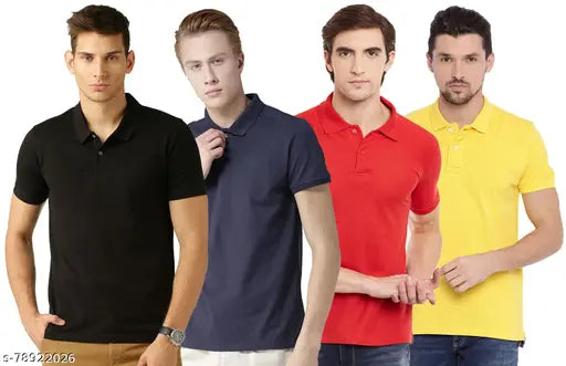 Cotton blend Galatea polo t-shirt pack of 4, solid color short sleeve men's shirts, Indian made apparel