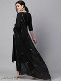Black cotton blend printed straight kurta set with dupatta and bottomwear, embellished and stitched net fabric on model