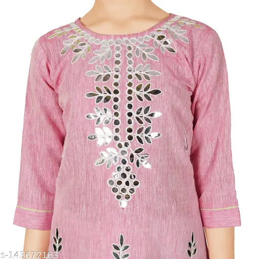 Sevgi Girls cotton blend mirror work embroidered kurta and sharara set, A-line style for girls aged 4-14, Indian craftsmanship showcased