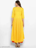 Mbe yellow cotton embroidered anarkali kurta, three-quarter sleeves, India-origin fashion wear for women