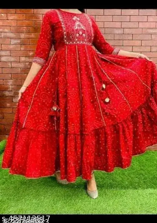 Rayon three-quarter sleeve printed 5001 rad Amrela Indian anarkali dress, quiet embroidery design on bust area