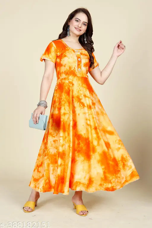 Orange yellow tie dye print rayon short sleeve kurti with single sizes available: 5XL, 6XL, 8XL, perfect for daily wear or special occasions