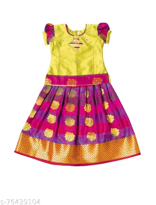 Art Silk Lehenga choli with gold border, printed design for toddlers, stitched net, Indian origin