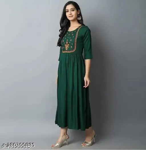 Dark green Rayon Anarkali embroidery kurti with three-quarter sleeves, rayon embroidery on Indian women's fashion