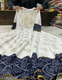 Trendy printed rayon Anarkali kurti with three-quarter sleeves, featuring vibrant Indian prints. Model wears size M (38in bust, 50in length)