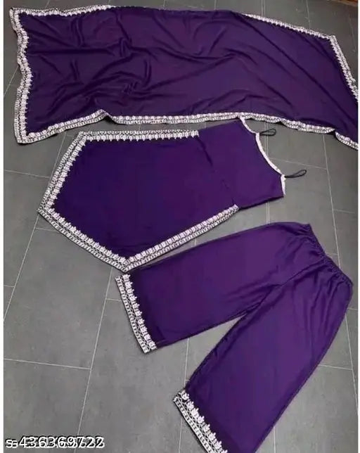 Purple embroidered Georgette A-Line kurta set with trousers and dupatta, single piece from India