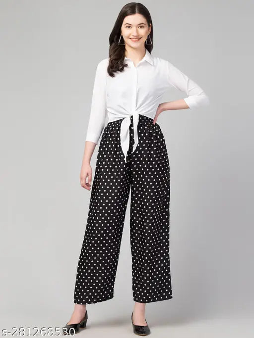 Women's polka dot crepe three-quarter sleeve top set, printed pattern on net fabric. Close-up image shows size S version with bust size 34in, length size 44in, and waist size 28in