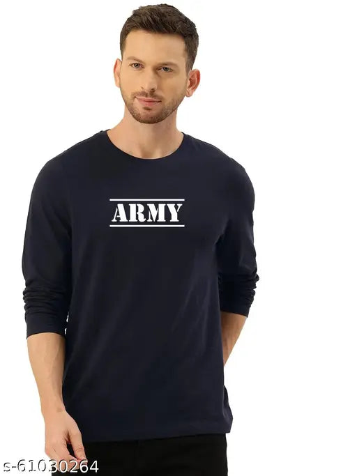 Army Navy Blue printed graphic T-shirt, round neck, full sleeve, 100% cotton for men