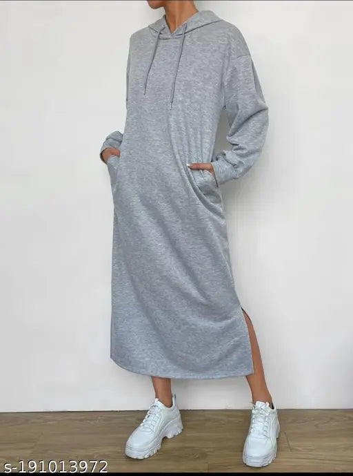Fleece long hoodie dress/nightwear in solid color, perfect for winters and airport looks - Indian-made