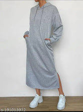 Fleece long hoodie dress/nightwear in solid color, perfect for winters and airport looks - Indian-made