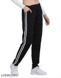 Black cotton blend women's track pant for gym/sportswear with elastic waistband & drawstring closure, features side pockets