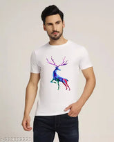White round neck t-shirt, printed deer design on polyester fabric, quirky message, made in India