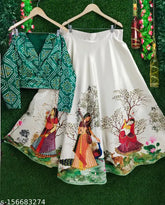 Pure satin silk Navratri special lehenga set for girls, digital printed Madhubani style with unstitched blouse, 10-11 years size, India origin