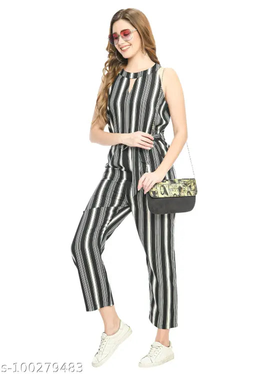 Black & White Striped crepe PREEGO Women's jumpsuit with keyhole neck and knotted detail, sleeveless print net design on stand, India-made fashion essential