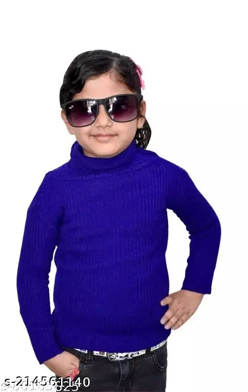 Blue woolen high neck full sleeves T-shirts for winters, warm and moisture-wicking thermal wear for girls