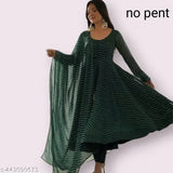Green dyed/washed Georgette Anarkali kurta set, features three-quarter sleeves and pink accents. Single piece, heavy pure fox georgette fabric with full micro cotton lining and canvas patta attached flair. Indian-made