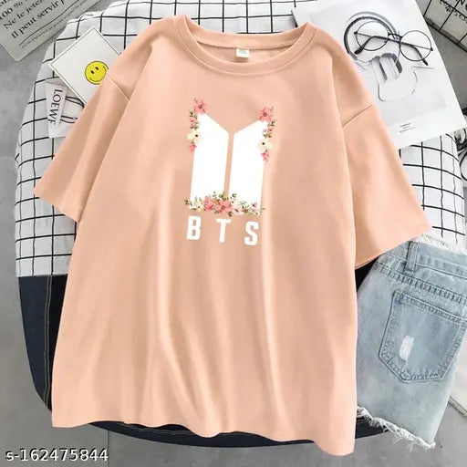 Pink floral BTS oversized cotton t-shirt with short sleeves, printed pattern, size S, India origin