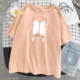 Pink floral BTS oversized cotton t-shirt with short sleeves, printed pattern, size S, India origin
