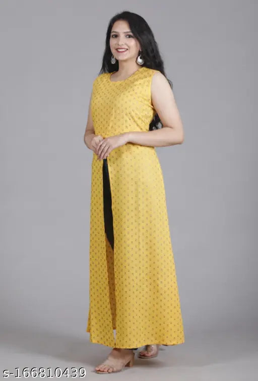 Rayon frontslit cut kurta, sleeveless printed combo, women's clothing, Indian fashion