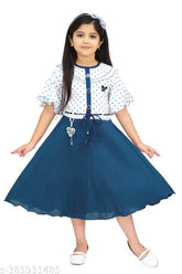 Blue cotton blend frock for girls, printed net design, short sleeves & 4-5 years size